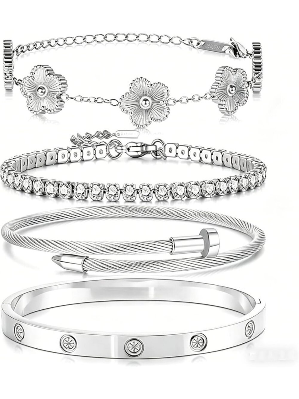 18K Gold Plated Stackable Floral Clover Bracelets Set - Trendy Non-Tarnish